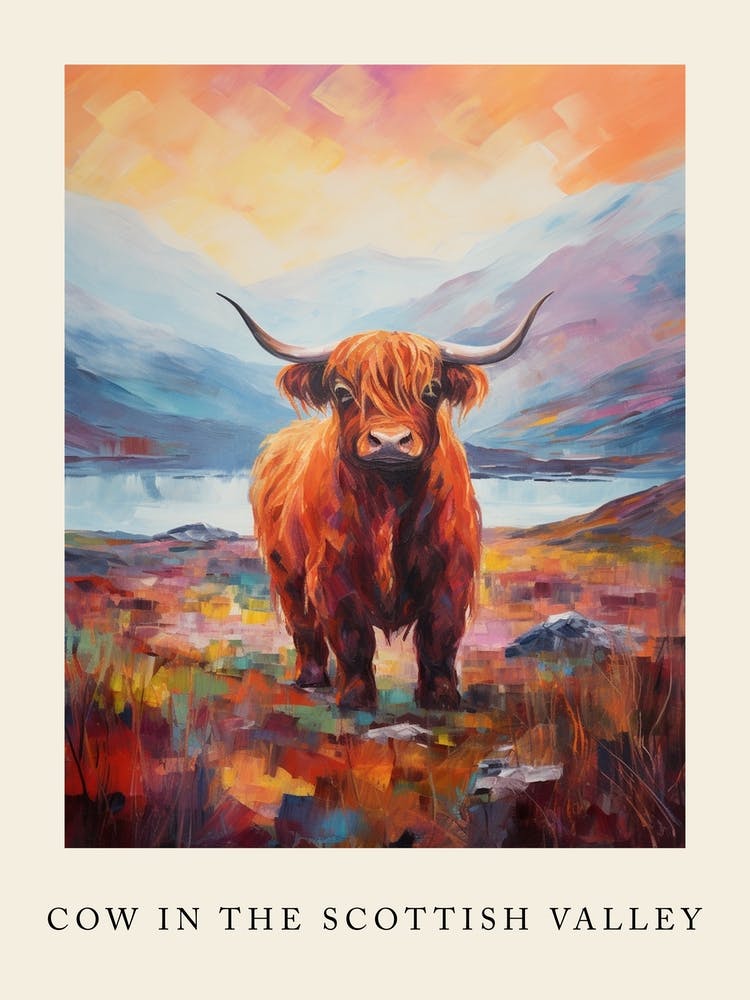 Brushstroke Impressionism Style Painting Of A Highland Cow In The Scottish Valley Poster 5