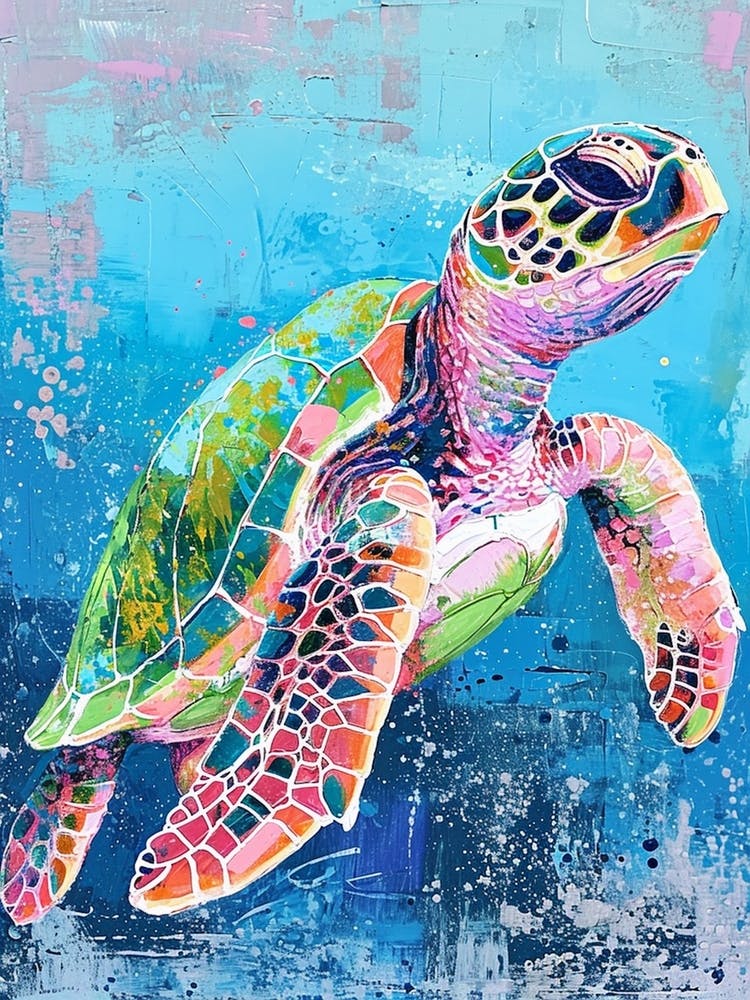Colourful Sea Turtle Exploring The Ocean Textured Painting 1