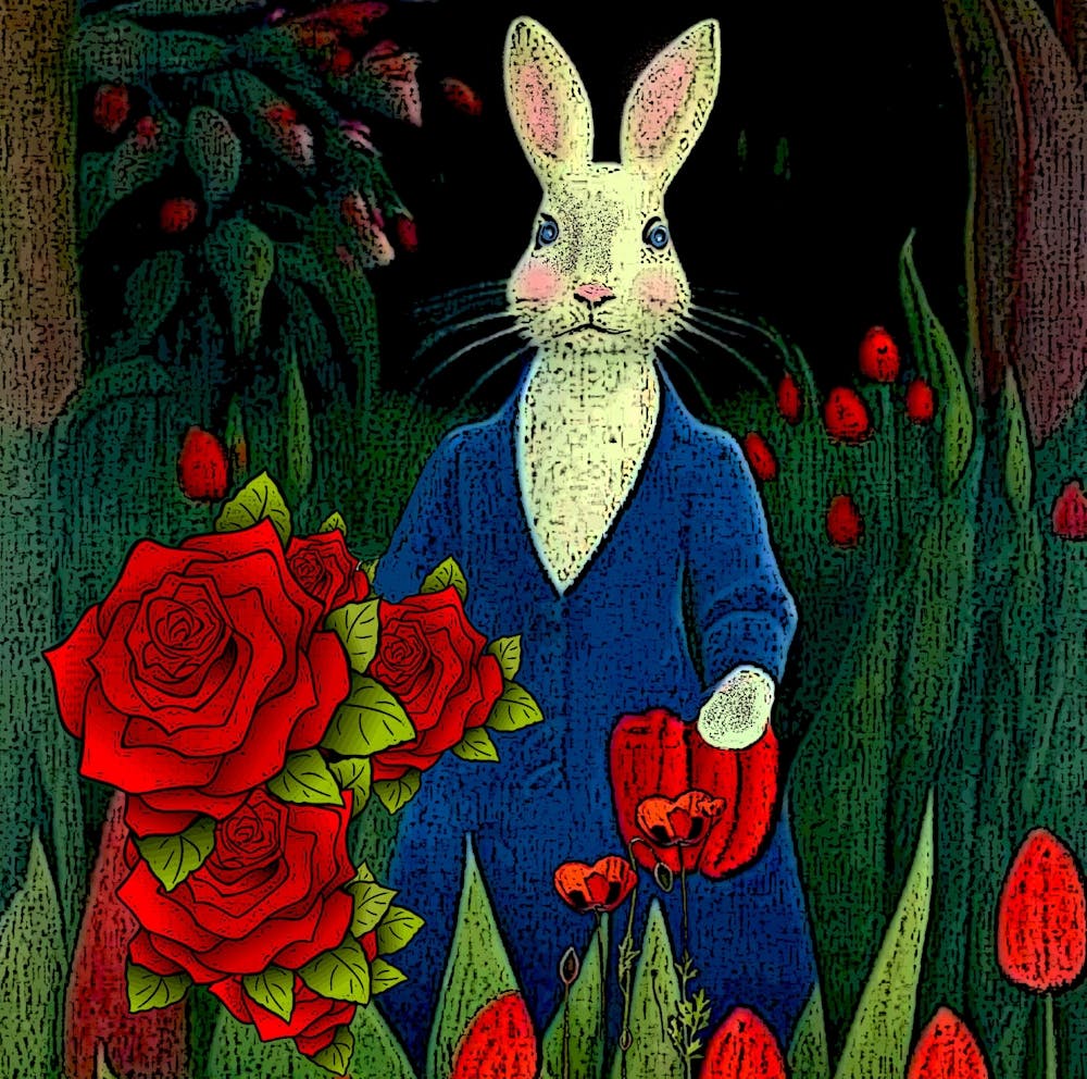 Rabbit In Blue Coat w Red Flowers