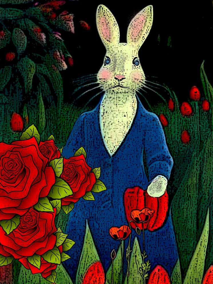 Rabbit In Blue Coat w Red Flowers