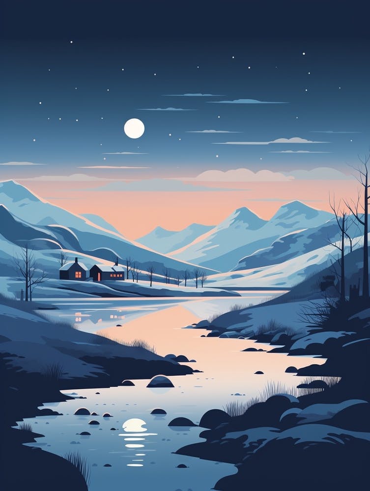 Winter Travel Night Illustration Lake District United Kingdom 2