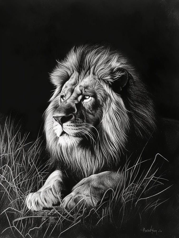 Barbary Lion Charcoal Drawing Night Hunt 1