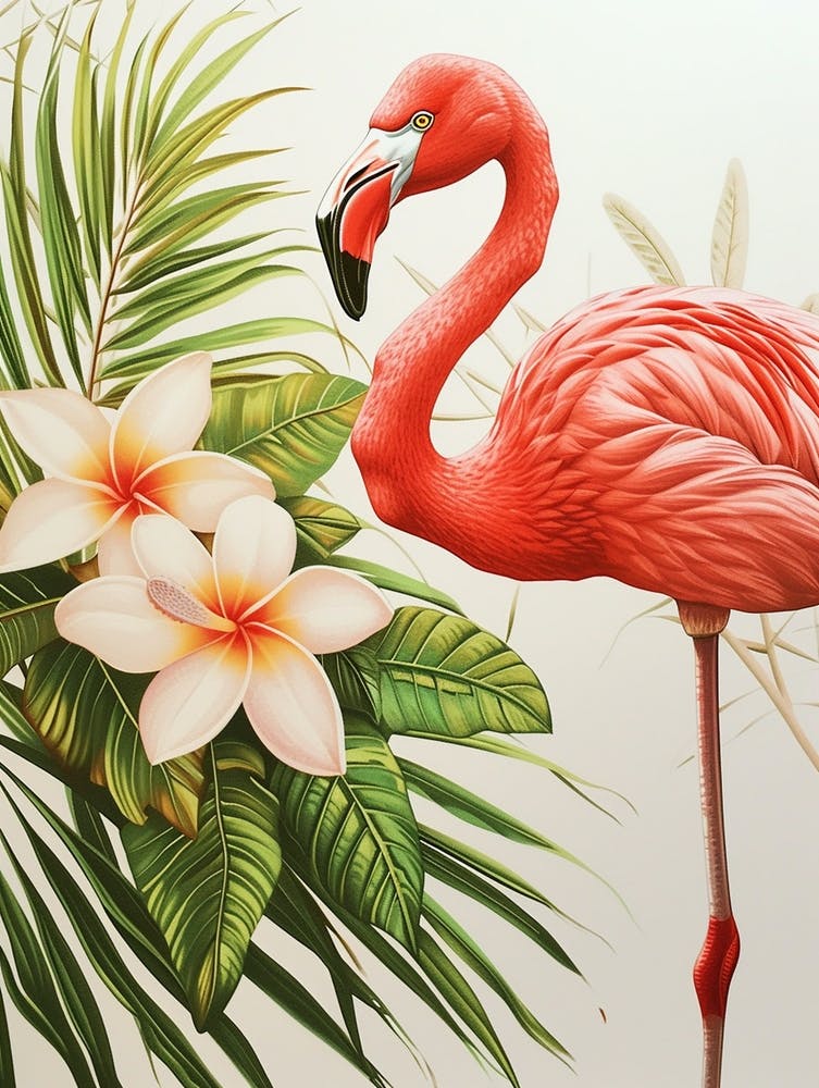 American Flamingo And Tiare Flower Minimalist Illustration 2