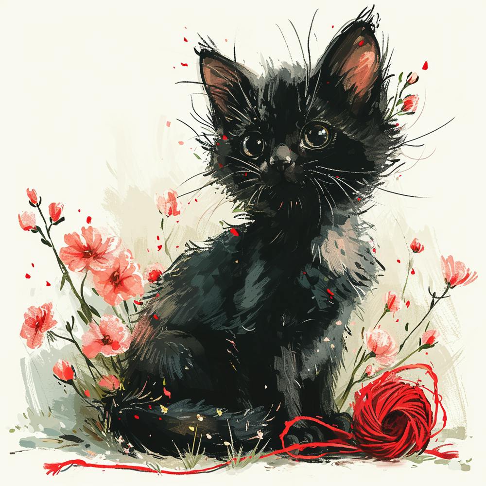 Black Kitten With Flowers