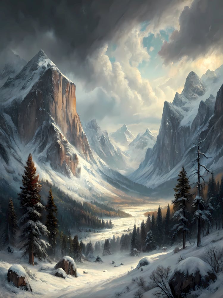 Oil Painting Style Dramatic Snowy Mountain Valley Winter Forest Landscape