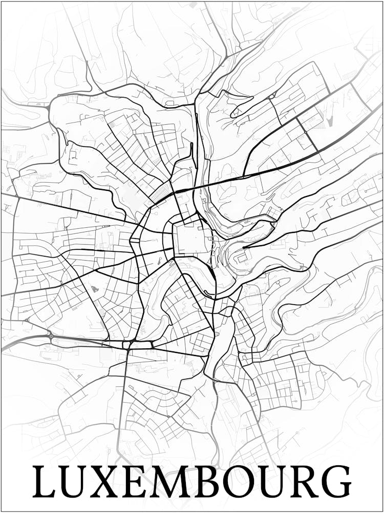 Luxembourg, Luxembourg, City Map, Black And White Fade Design
