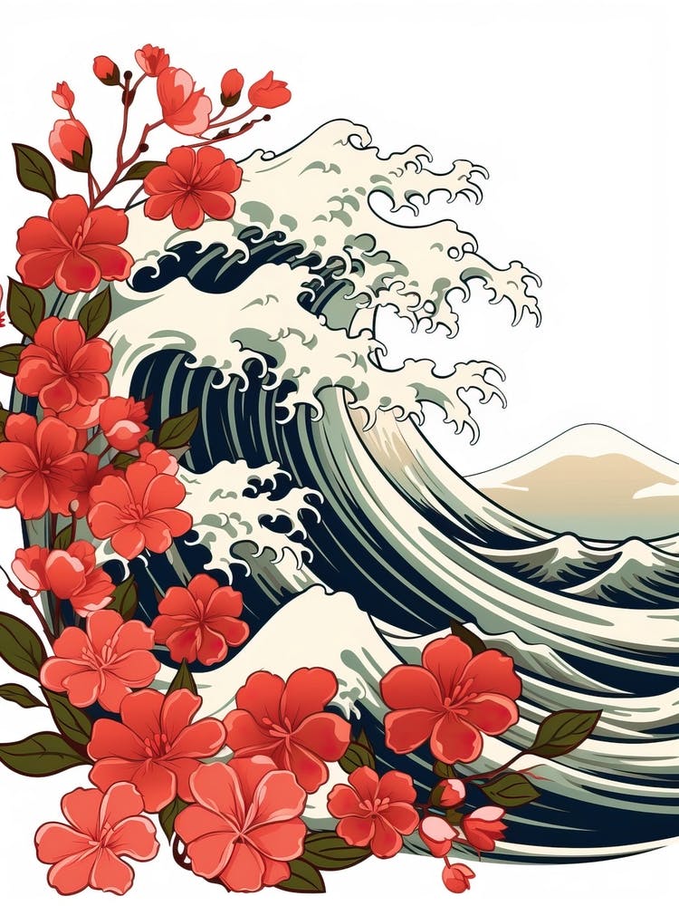 Great Wave With Rose Flower Drawing In The Style Of Ukiyo E 3