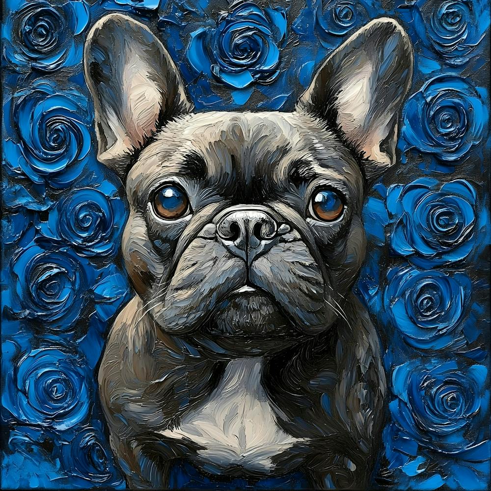French Bulldog And Blue Roses 2