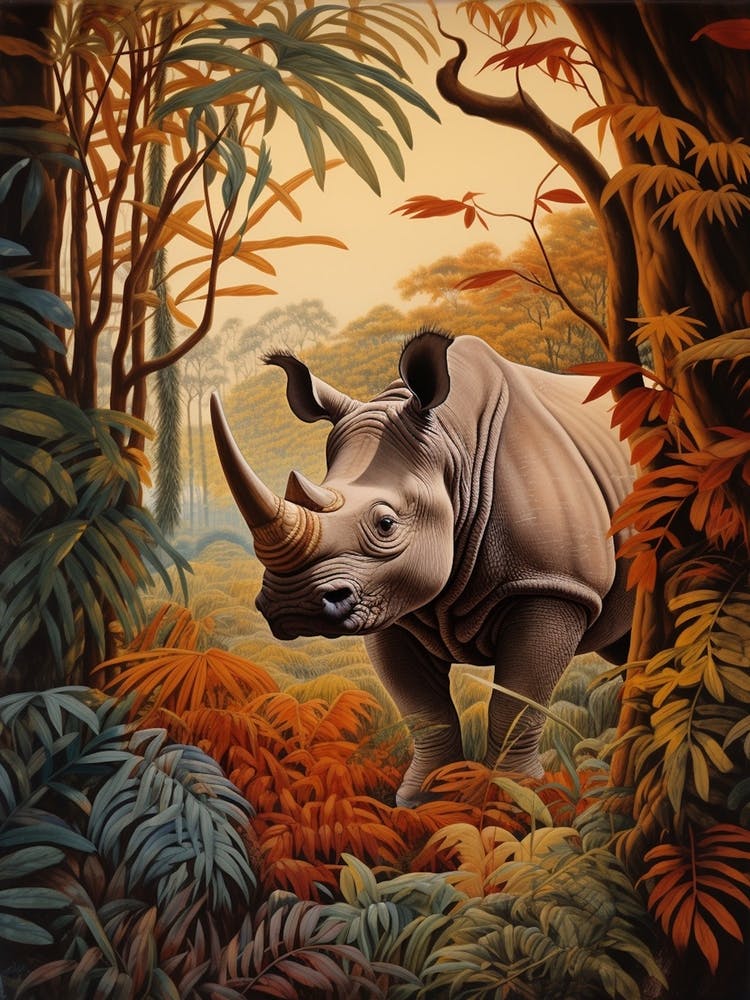 Rhino In The Trees At Sunset Realistic Illustration 1