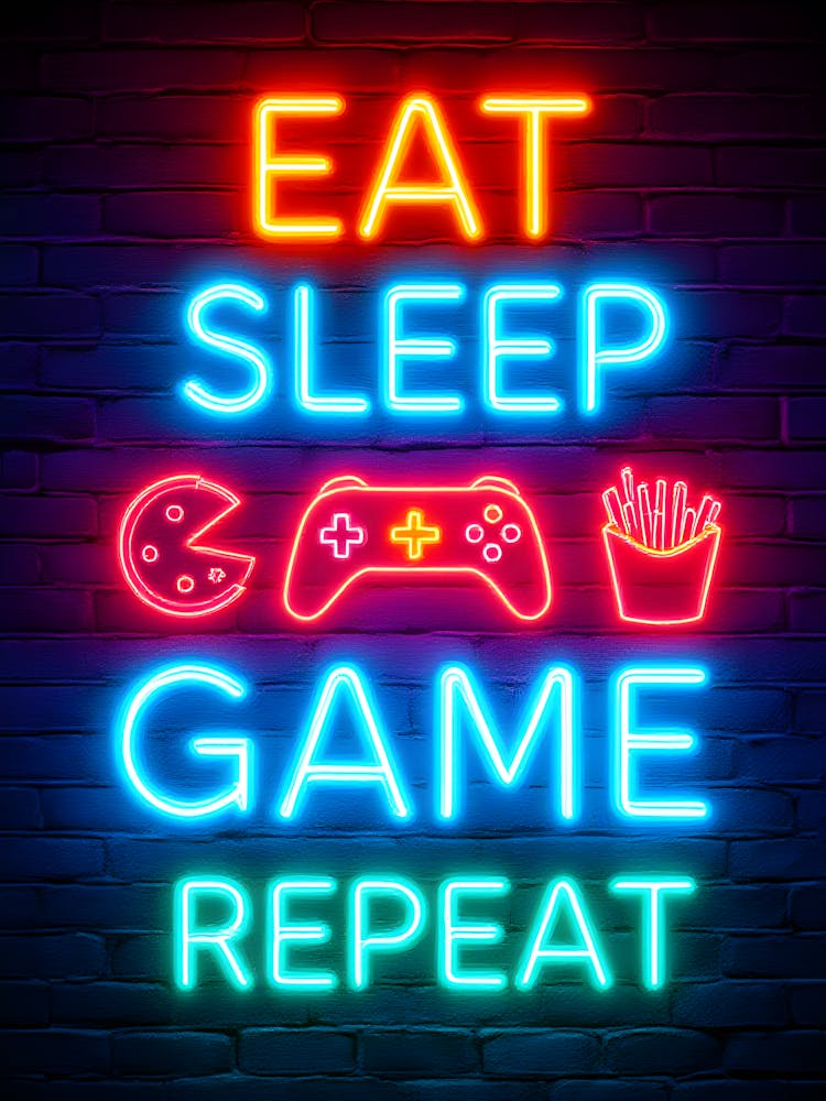 Eat Sleep Game Repeat Neon Sign Gaming Poster Canvas Wall Room Decor