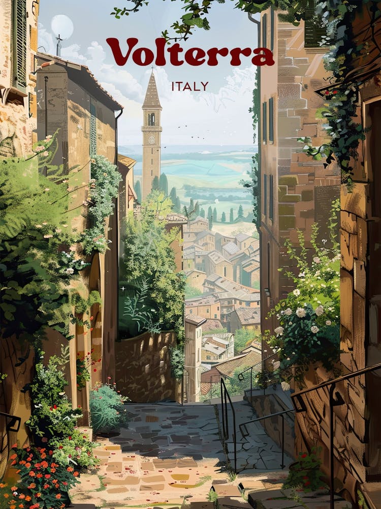 Volterra Italy Streetview Art Illustration