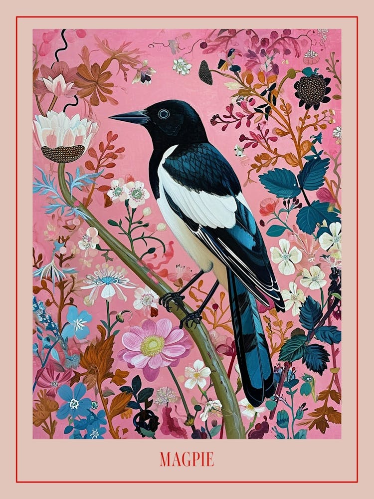 Floral Animal Painting Magpie 1 Poster