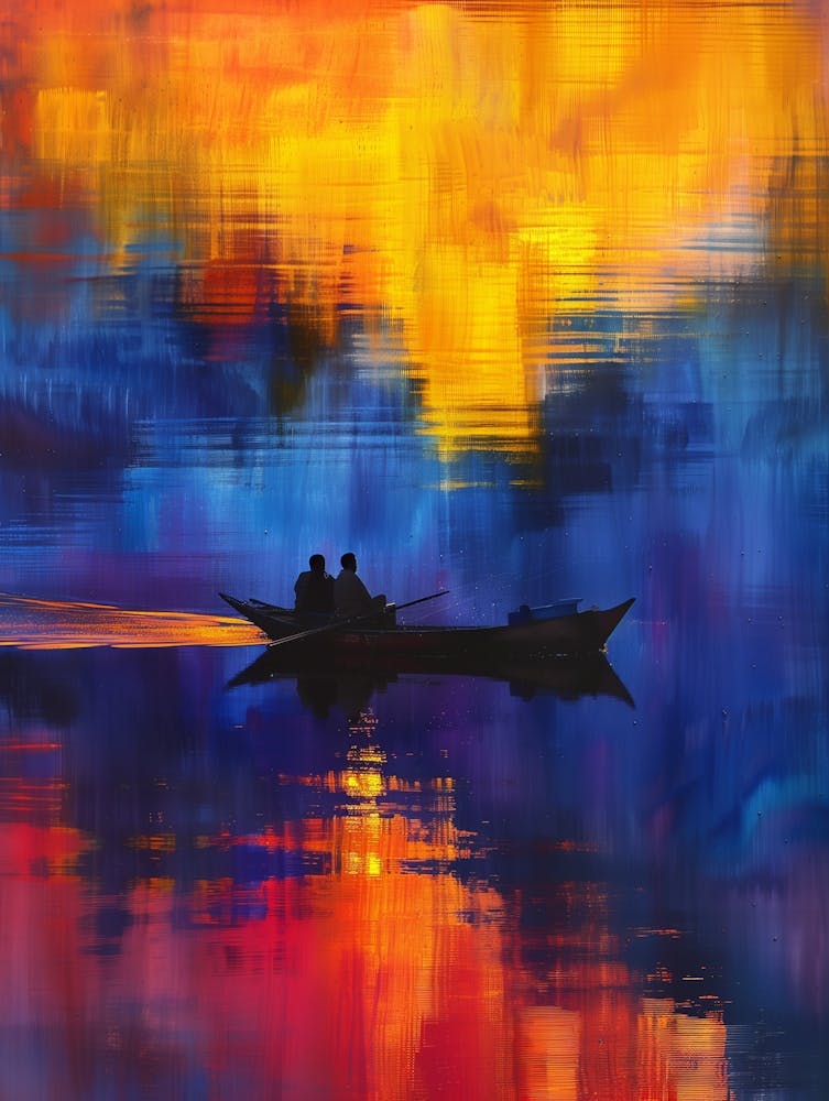 Kyonggu S Latest Ad Spots The People In A Fishing Boat On The Water, In The Style Of Mesmerizing Colorscapes, Dark Blue And Yellow, Made Of Feathers, Painterly Lines, Photo Taken With Nikon D750, Franco Fontana, Oil Painting