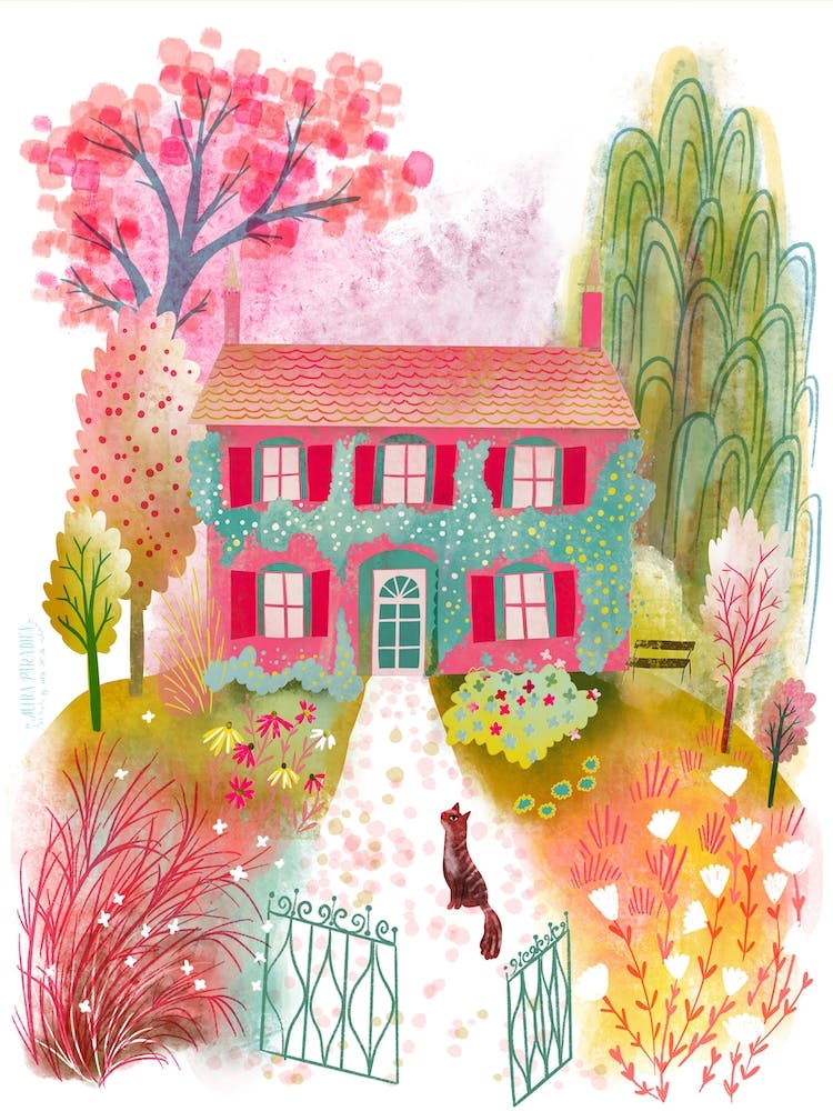 French Country Garden House With Cat