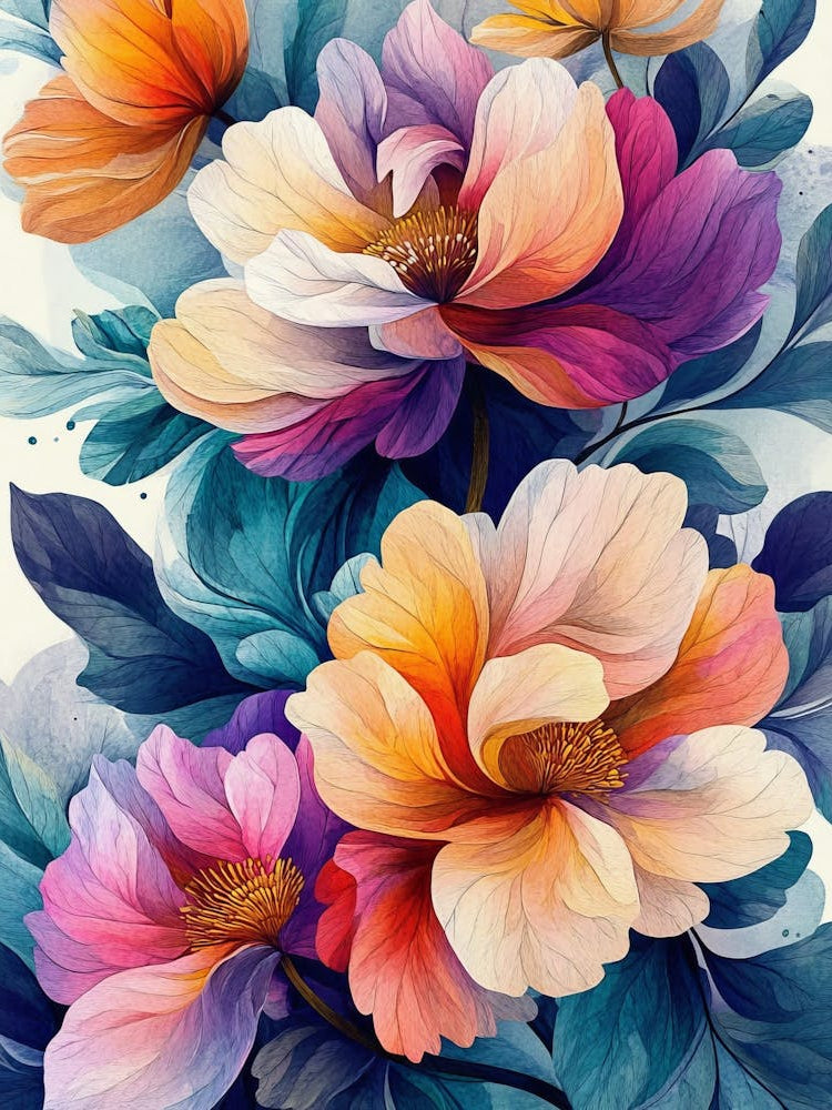 Abstract Bright Baroque Style Peony Flowers