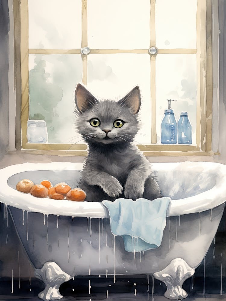 Russian Blue Cat In Bathtub Botanical Bathroom 1