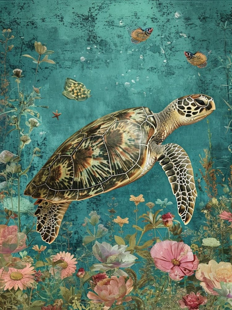 Sea Turtle In The Ocean With Flowers Collage