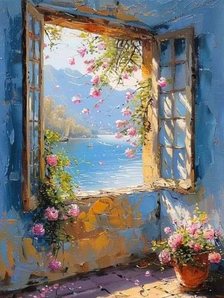 Open Window Blue Sky in Paradise Beautiful Landscape Scenery Painting | Contemporary for Feature Wall | Vibrant Beautiful Wall Decor in HD