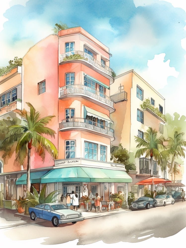 South Beach Miami Neighborhood, Watercolour 2