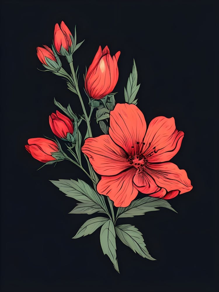 Red Flowers On Black Background 1