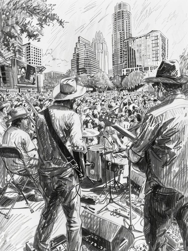 Live Music Scene Austin Texas Black And White Drawing 2