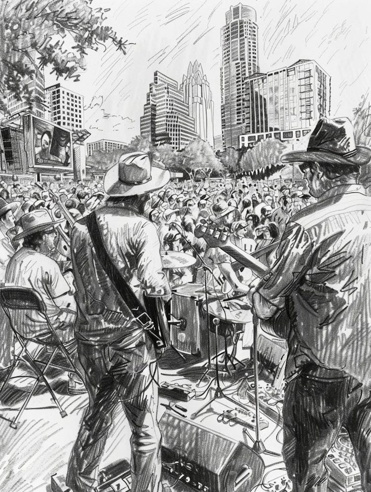 Live Music Scene Austin Texas Black And White Drawing 2
