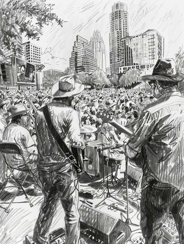 Live Music Scene Austin Texas Black And White Drawing 2