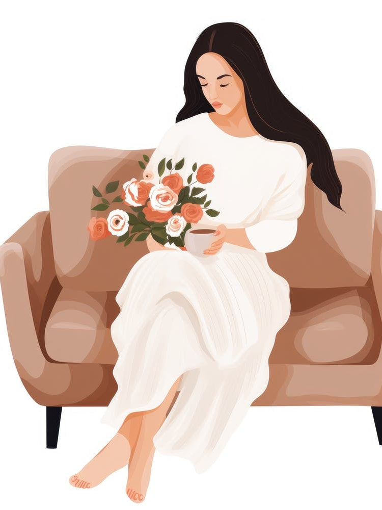 Woman Sitting On Couch With Flowers