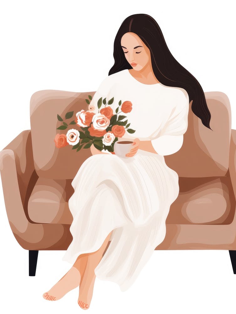 Woman Sitting On Couch With Flowers
