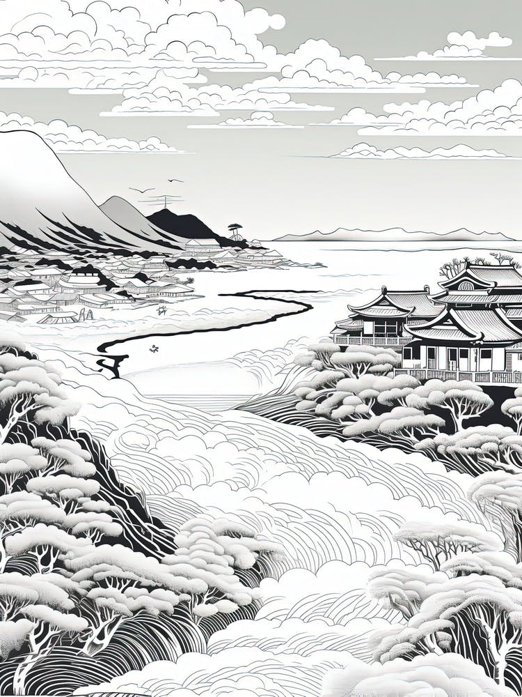Ishigaki Island In Okinawa, Ukiyo E Black And White Line Art Drawing 1