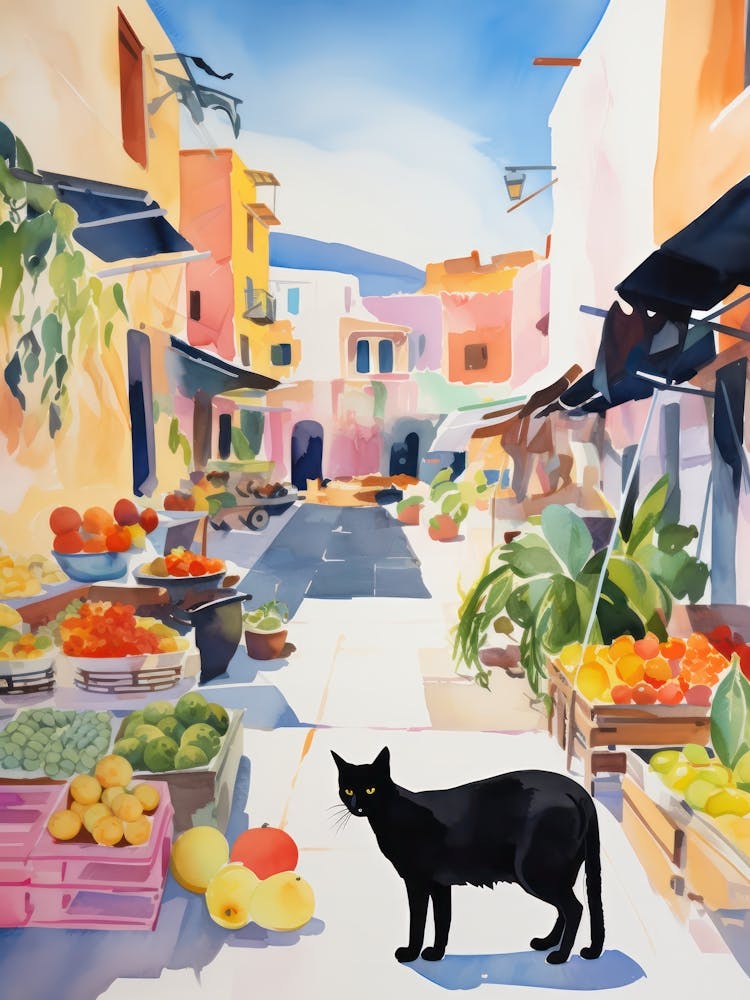 Food Market With Cats In Santorini 2 Watercolour
