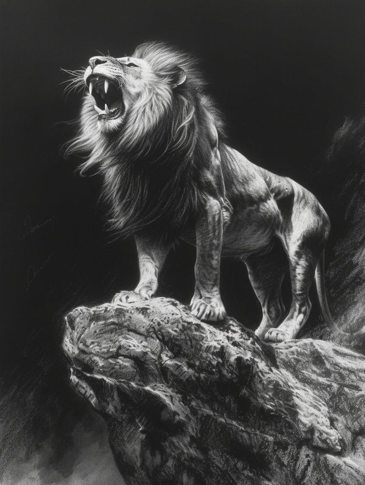Barbary Lion Charcoal Drawing Roaring On A Cliff 4