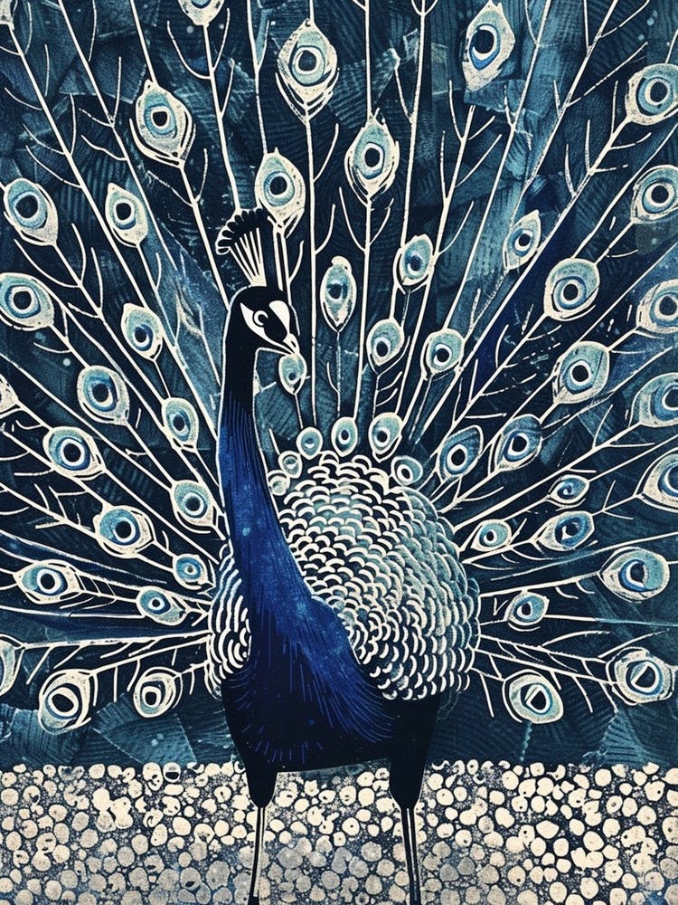Navy Blue Peacock Linocut Inspired Peacock On A Path 1