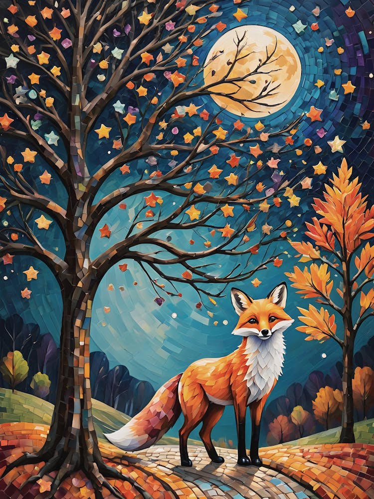 The Autumn Fox - Beautiful Rainbow Mosiac of Whimsical Fox in Fall on a Full Moon Whimsy Art for Nature Lover, Woodland, Halloween Pride Pagan Witch Colorful HD