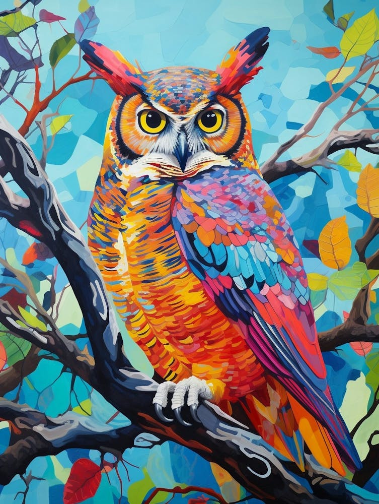 Colourful Bird Painting Great Horned Owl 2