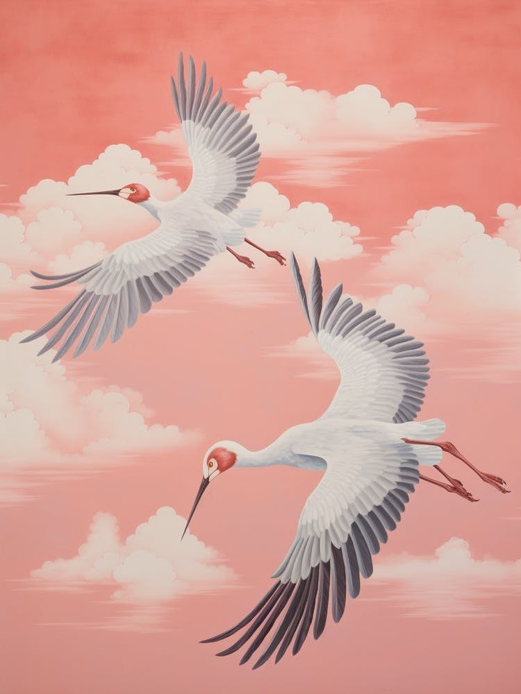 Vintage Japanese Inspired Bird Print Crane 1