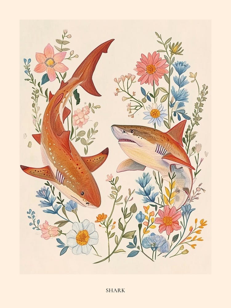 Folksy Floral Animal Drawing Shark 3 Poster