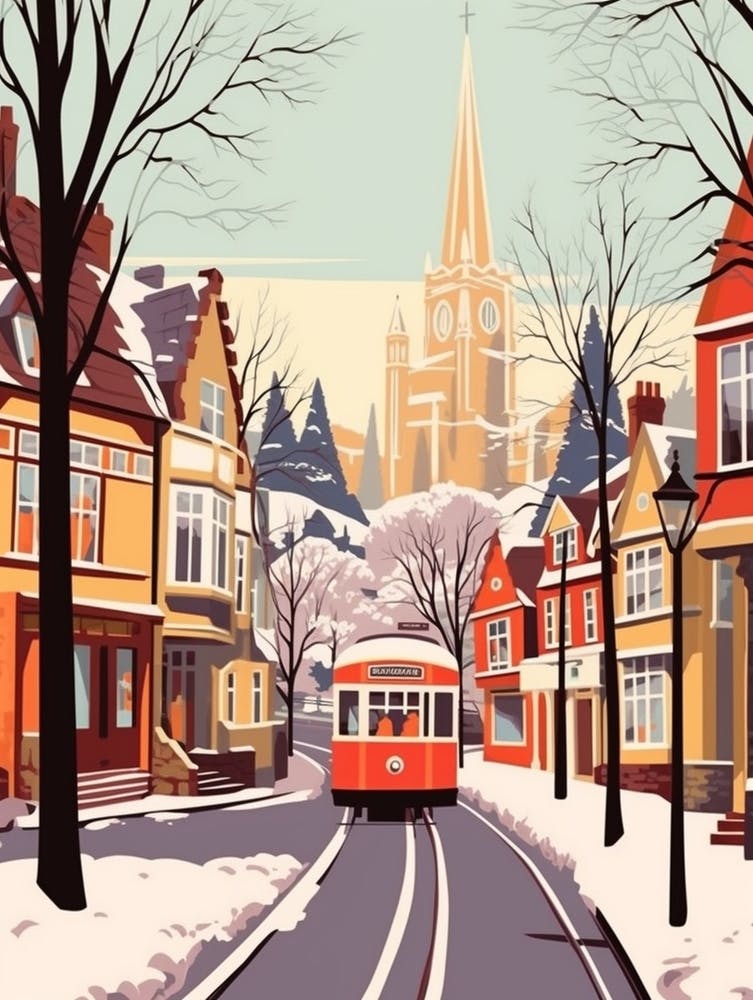 Vintage Winter Travel Illustration Cardiff United Kingdom 2