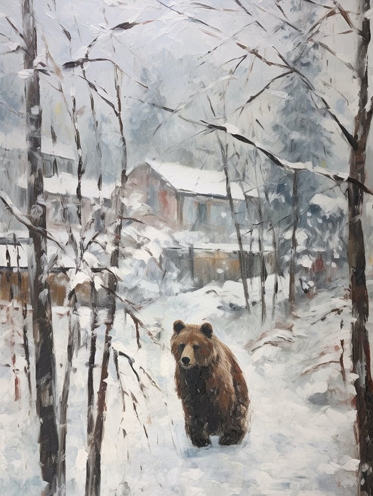 Vintage Winter Animal Painting Brown Bear 1