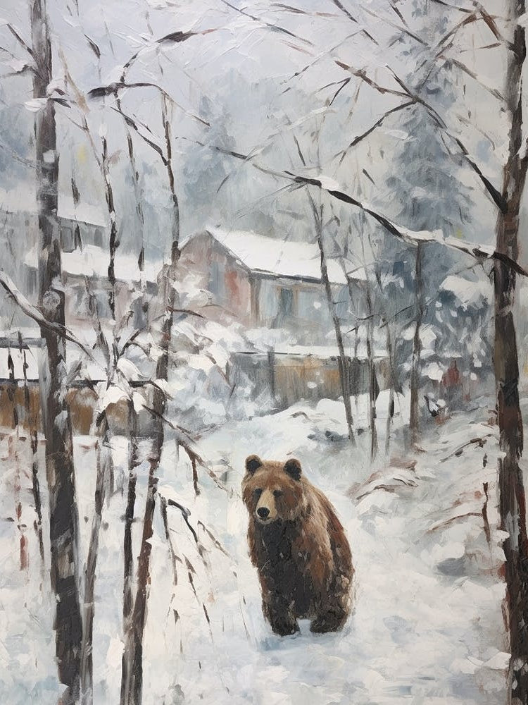 Vintage Winter Animal Painting Brown Bear 1