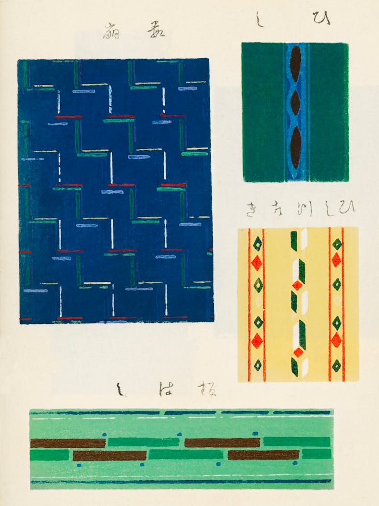 Vintage Ukiyo-e Woodblock Print Of Japanese Textile, Shima Shima, Furuya Korin (202)