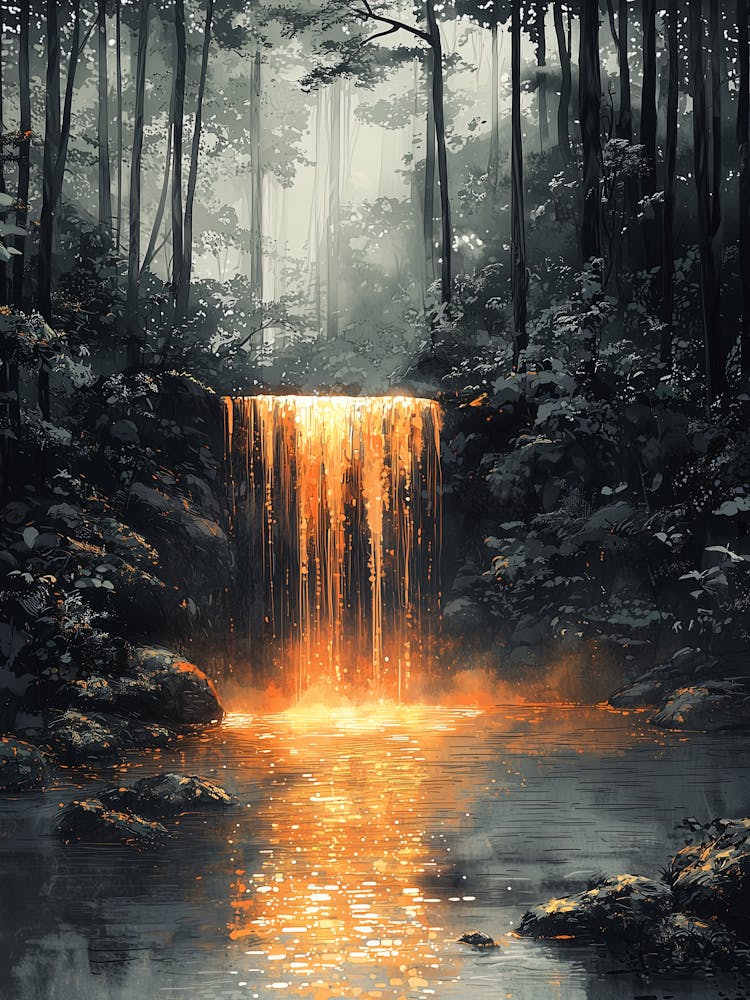 Waterfall In The Forest, Romantic Monochrome Charcoal style