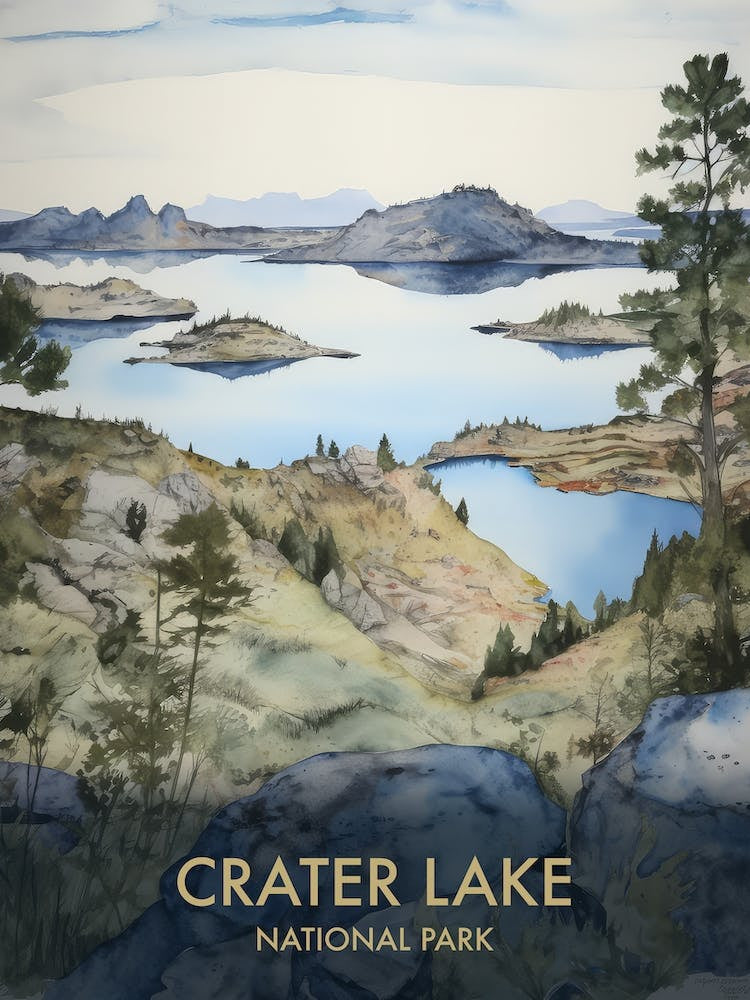 Crater Lake National Park Watercolour Vintage Travel Poster 3