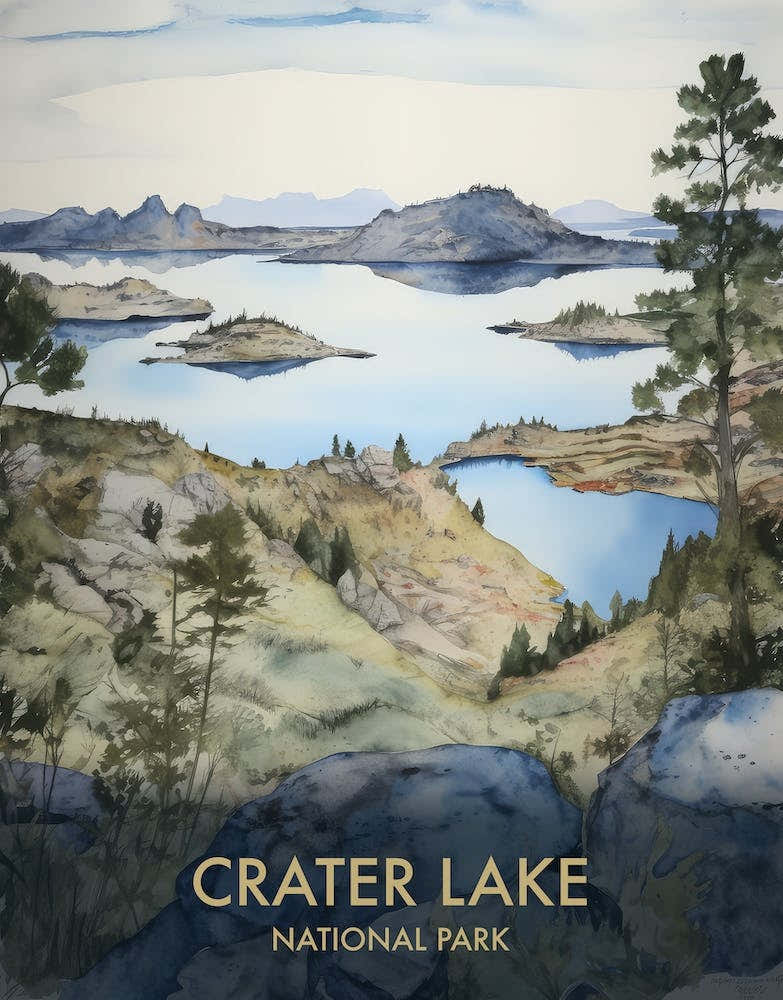 Crater Lake National Park Watercolour Vintage Travel Poster 3