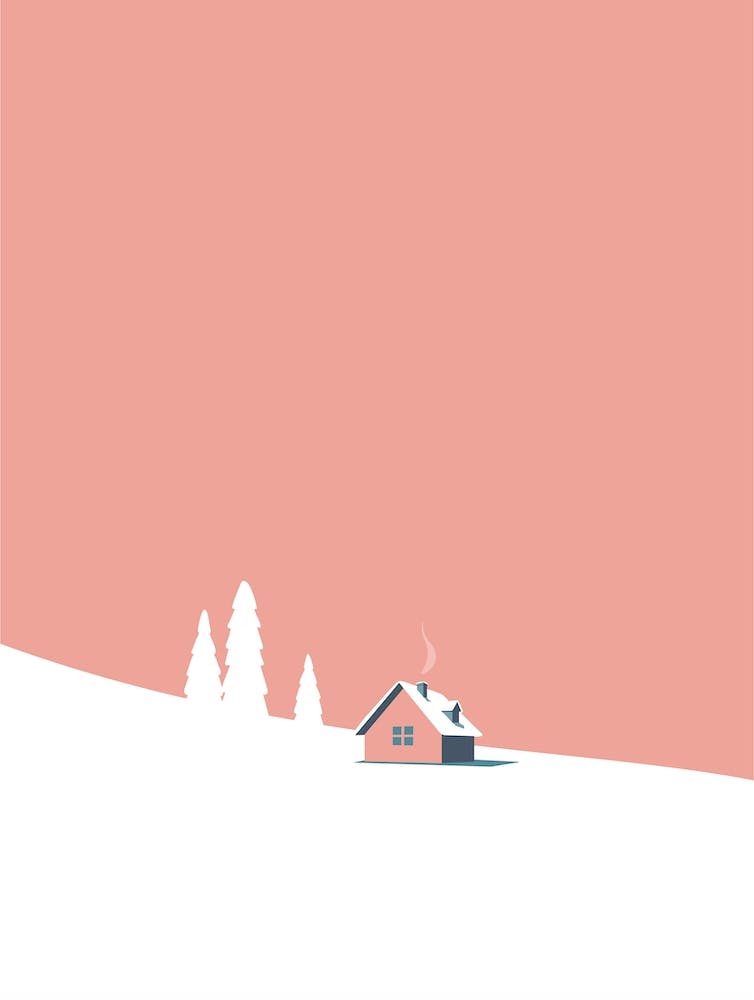 Snowy mountain hut in pink