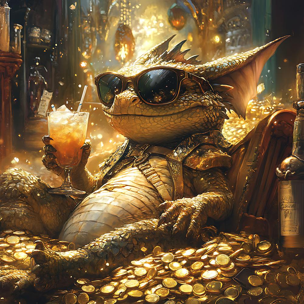 Cool Dragon Lounging on Gold Background 10