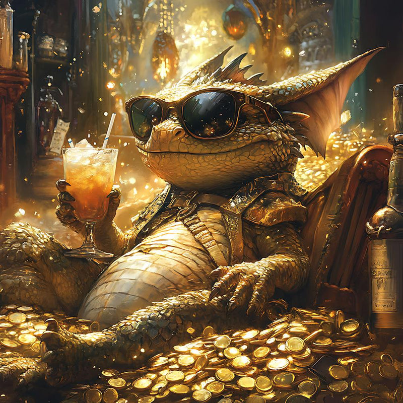 Cool Dragon Lounging on Gold Background 10