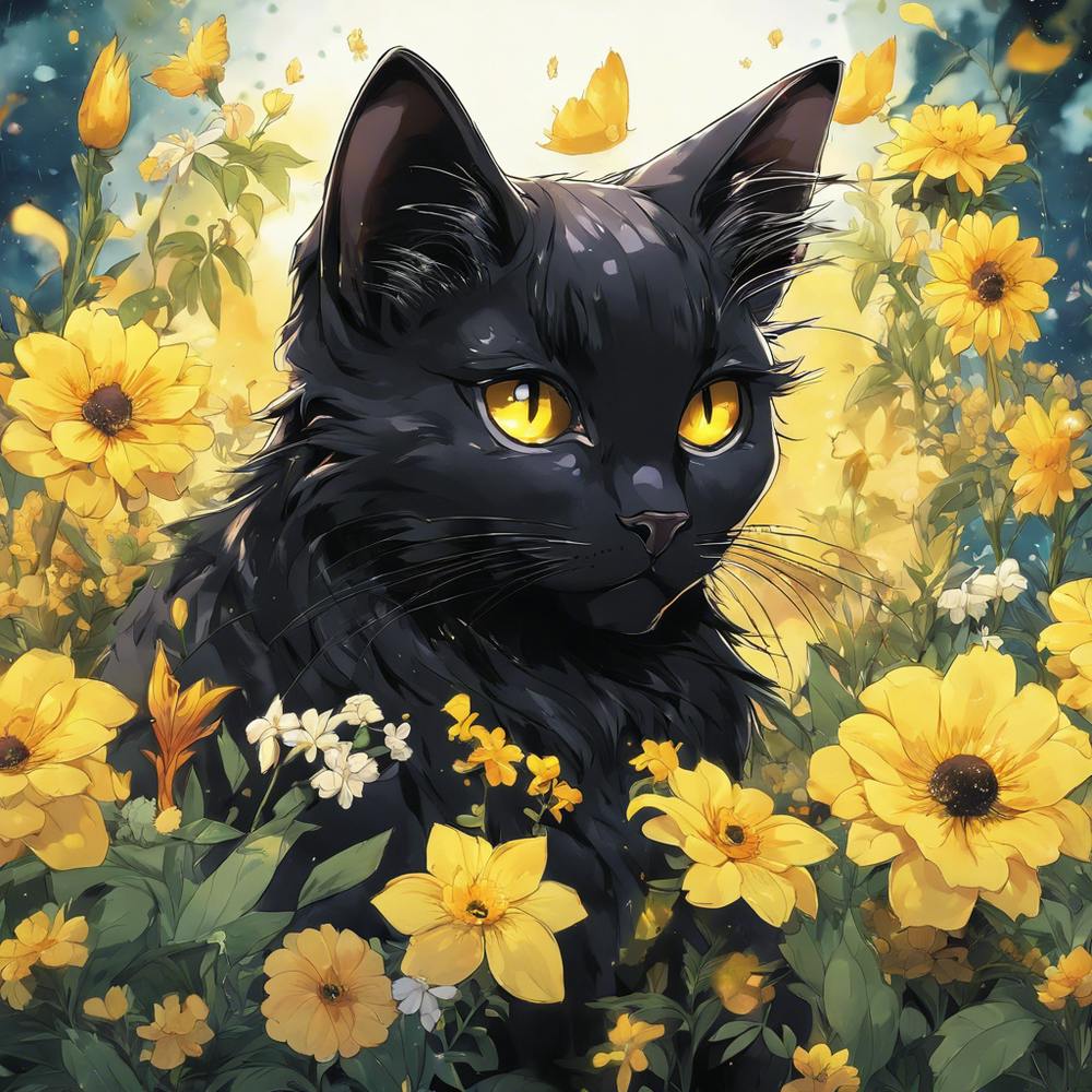 Black Cat In Flowers 1