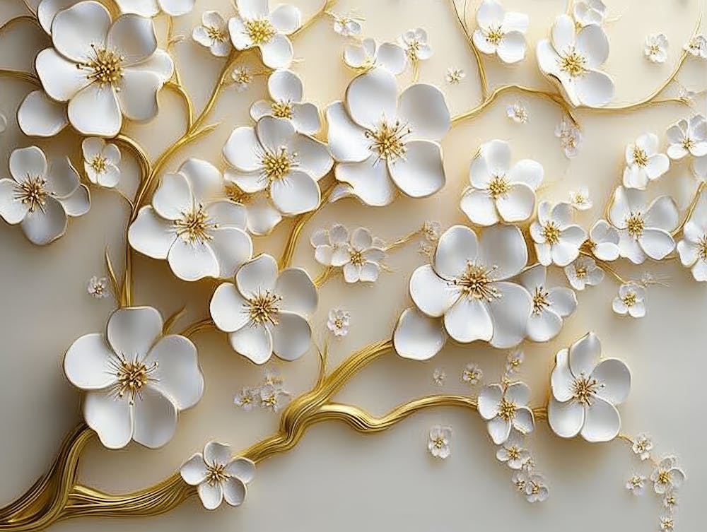 3d Floral Tree With White Flowers And Delicate Leaves On Golden Stems
