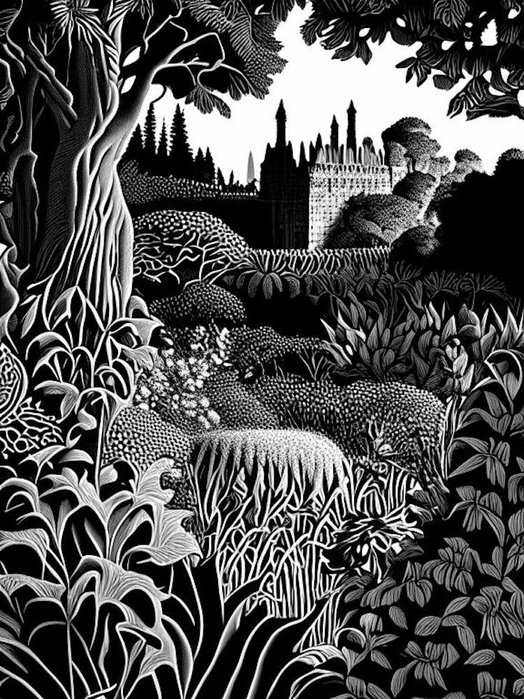 Powis Castle Gardens, United Kingdom Linocut Black And White Vintage